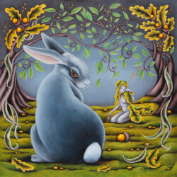 TrudePi Westpfeil, der Hase und die Blättertrude, 30cm x 30cm, Öl auf Holz