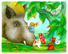 TrudePi Westpfeil, Eine herbstliche Weihnachtsgeschichte, Herr Blaubeert, Herr Eichel und Frau Pilz klettern in die Borsten des Wildschweins