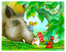 TrudePi Westpfeil, Eine herbstliche Weihnachtsgeschichte, Herr Blaubeert, Herr Eichel und Frau Pilz klettern in die Borsten des Wildschweins