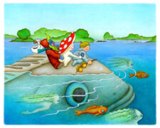 TrudePi Westpfeil, Eine herbstliche Weihnachtsgeschichte, Herr Blaubeert, Herr Eichel und Frau Pilz werden vom Karpfen über den See getragen