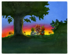 TrudePi Westpfeil, Eine herbstliche Weihnachtsgeschichte, Herr Blaubeert, Herr Eichel und Frau Pilz im Sonnenuntergang